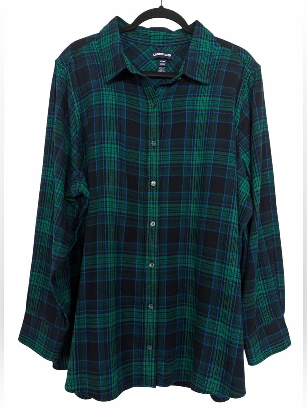 Lands’ End Women’s Flannel Button Front Shirt Navy Blue Green Plaid Size 20W